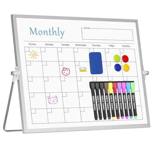 Pizarra blanca magnética Monthly Planner para escritorio con soporte, planificador mensual borrable de 30x40cm, pizarra blanca doble cara colgante, caballete de mesa portátil para planificación