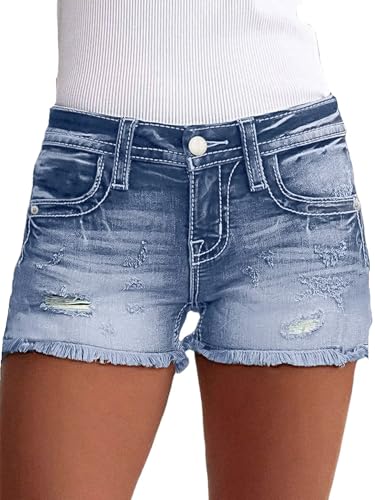Flamingals Jean Shorts for Women Mid Waisted Stretchy Ripped Denim