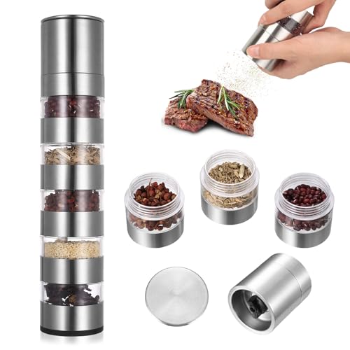 5 in 1 Camping Gewürzstreuer, Mini Gewürzgläser Set, Tragbare Gewürzdosen, Reise- und Picknick Gewürz-Set, Gewürzmühle Mini Salzstreuer für Unterwegs Outdoor Küchen Camping Zubehör Reise Gadgets