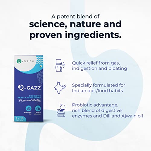 Image of Q Gazz Helps In Gas,Bloating And Indigestion| Clinically Proven Unique Blend Of Probiotics,Carminative Oils| Digestive Enzymes| Dill & Ajwain Oil| Bowel Movement| 30 Capsules