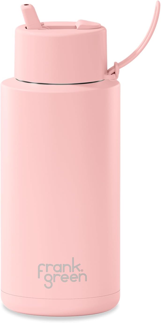 Ceramic Reusable Bottle - Stainless Steel Water Bottle With Straw, Insulated Water Bottle, Metal Water Bottle - Flip Straw Lid - 34oz - Blushed