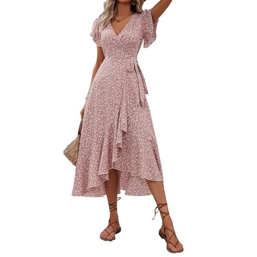 Image of Summer Dresses V Neck Short Sleeve Floral Midi Dress with Tie Waist Ruffled Boho Casual Dress for Beach Vacation