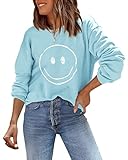 ReachMe Womens Oversized Crewneck Smile Face Graphic Sweatshirs Casual Long Sleeve Cute Tops Happy Funny Shirts(1 Sky Blue,S)