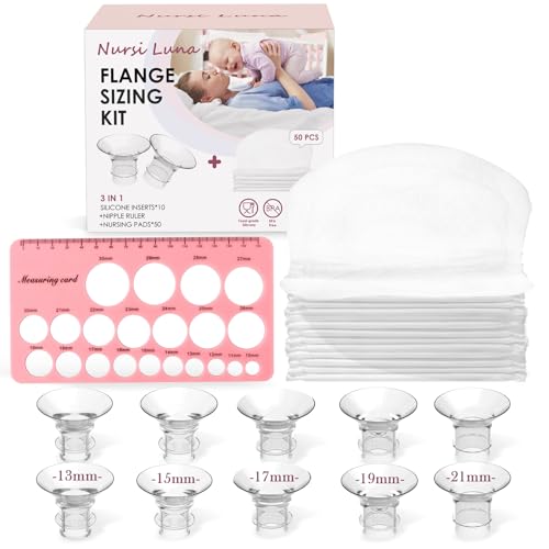 Image of Nursi Luna Flange Sizing Kit with Flange Inserts 13/15/17/19/21mm 10PCS, Nipple Ruler, 50 Pads, Silicone Flanges Insert Kit for 24mm Flange/Shield, Pumping Breastfeeding Essentials for New Mom