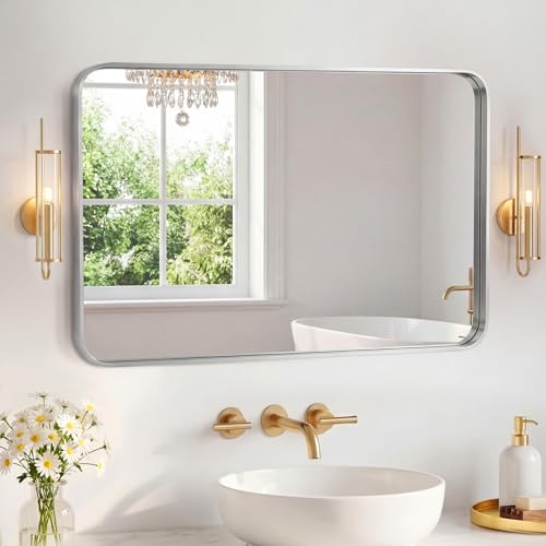 Image of Sweetcrispy Bathroom Mirror 40x24 Inch Metal Framed Rounded Rectangle Vanity Mirror for Wall, Over Sink, Farmhouse, Restroom, Anti-Rust, Modern Decorative, Horizontal or Vertical Hanging, Silver