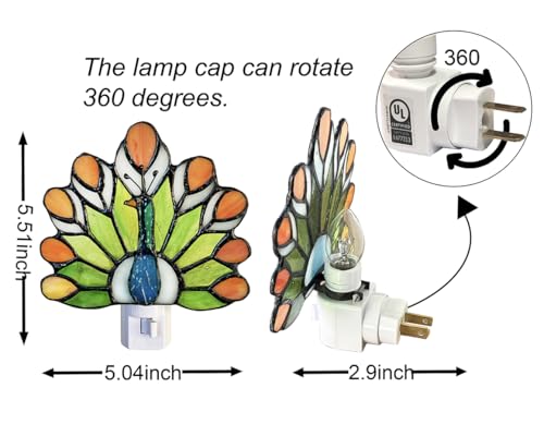 Image of Tiffany Stained Glass Peacock Night Light WKD1003 (Green、Orange) Tiffany Glass Night Light, Peacock Pattern, Stained
