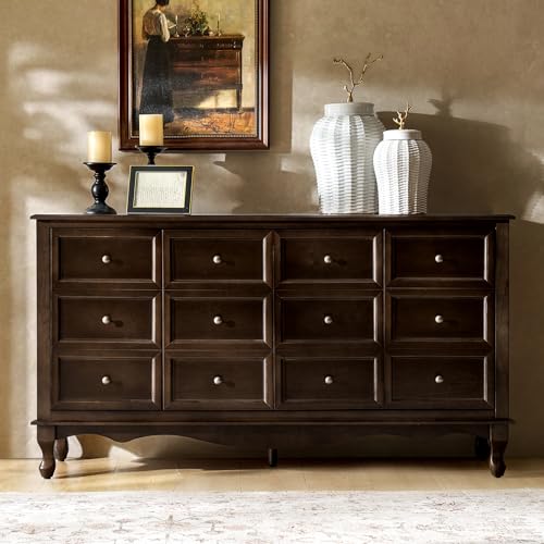 HULALA HOME Transitional Solid Wood Sideboard with Adjustable Shelves, 58" Spacious Storage Sideboard, Versatile Kitchen Buffet Cabinet with Solid Wood Legs, Brown