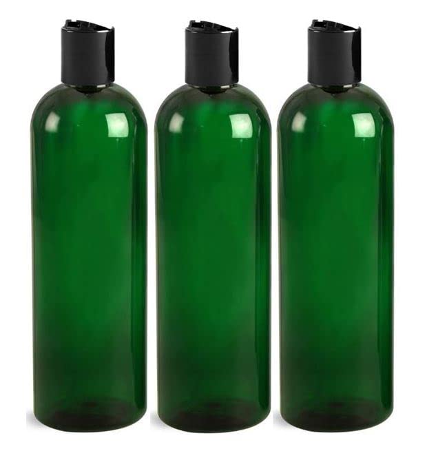 MountainLeaf Paquete de 3 botellas vacías de plástico de 16 onzas con tapas de disco de presión negras para champú, loción, desinfectante de manos,