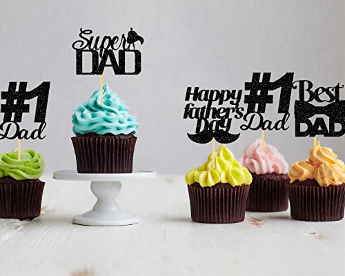 Cavla 36 Pieces Happy Father's Day Cupcake Toppers Black Glitter Super Dad No.1 Dad Best Dad Fathers Day Cupcake Picks With Beard Tie Signs Father's Day Cupcake Decorations Dad's Day Party Supplies #TOP3