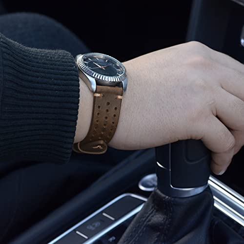 Rally Racing Leather Watch Bands EACHE Perforated 20mm Leather Watch Straps Oil Waxed Leather Straps Retro Brown