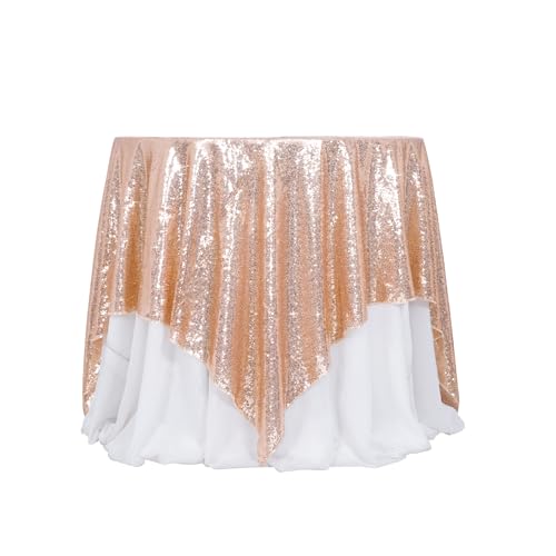 Poise3EHome Rose Gold Sequin Tablecloth 90×90 Inch Square Sequin Fabric Table Cover Overlay for Baby Shower Birthday Party Wedding Holiday Cake Table Decoration