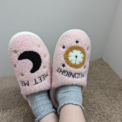 Meet Me at Midnight Cozy Plush Slippers for Women,Pink House Slippers3