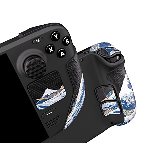 Image of PlayVital Professional Textured Soft Rubber Pads Handle Grips for Steam Deck LCD & OLED, Trackpads Skin Grip Enhancement Back Button Protective Stickers Set with Thumb Grip Caps - The Great Wave