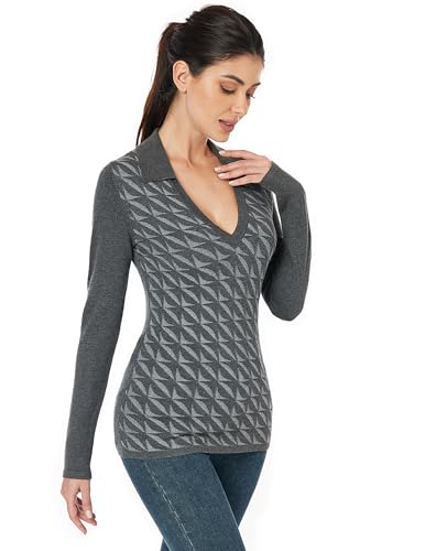Image of AmelieBoutik Women Collar Deep V Neck Knit Plaid Front Houndstooth Long Sleeve Sweater Top