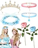 Blosssound 6 Pcs Animated Princess Movies Cosplay Accessories, Blue and Pink Princess Accessories Including Chokers, Artificial Rose Flowers, Crown and Flower Headband for Halloween Princess Cosplay