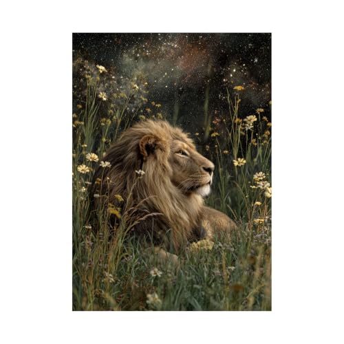 Impression sur toile lion de qualité premium poster animaux sauvages nuit étoilée or 80x120cm