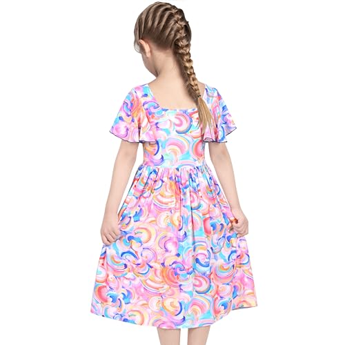 Sunny Fashion Girls Dress Rainbow Colorful Swirl Tie Dye Ruffle Square Neck Casual3