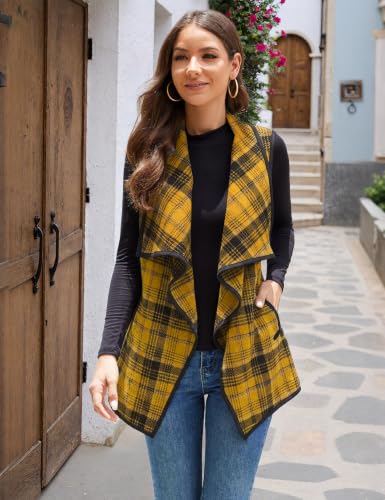 Image of YACUN Women Plaid Vest Lapel Open Front Sleeveless Cardigan