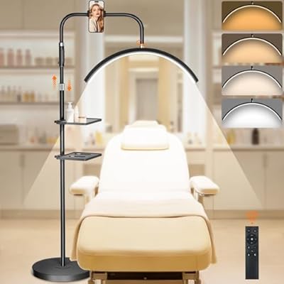 young master Half Moon Lash Light, 24W 1500LM Dimmable LED Floor Lamp with Adjustable Height for Lash Techs, Tattoo & Nail Artists, 4 Color Modes, Phone Holder & 2 Trays