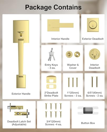 Image of Brightify Gold Front Door Lock Set with Single Cylinder Deadbolt, Modern Exterior Door Handle Set with Reversible Lever, Adjustable Latch for Right /Left Handed Heavy Duty Entrance