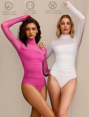 Image of Avidlove Women Long Sleeve Bodysuit Turtle Neck Shapewear Body Suits Mesh One Piece Leotard Shirt Going Out Tops Fall Outfits