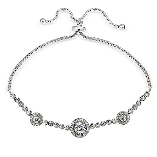 Image of Hoops & Loops Sterling Silver Cubic Zirconia 3-Stone Halo Adjustable Pull String Bracelet