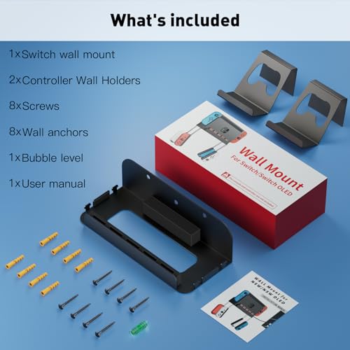 Image of Wall Mount for Nintendo Switch and Switch OLED with 2 Controller Wall Holders, Metal Wall Mount Kit Stand with 5 Game Card and 4 JoyCon Shelfs, Safely Store Console Near or Behind TV, Black