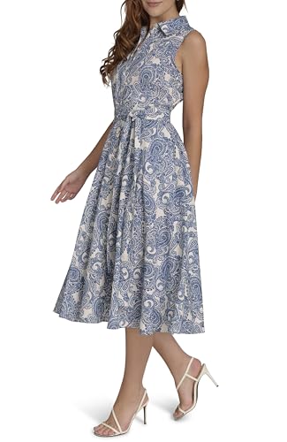 Image of Tommy Hilfiger Women's Sleeveless Collared Button Front Tie Waist Midi Shirt Dress