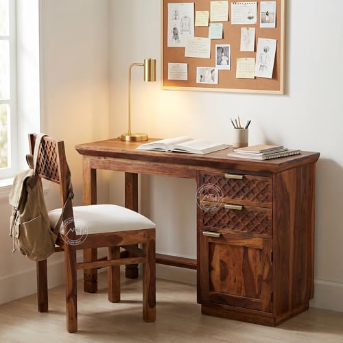 Image of NSH Solid Sheesham Wood Study Table with Chair | Wooden Writing Desk with Drawer & Door Storage | Pre-Assembled Computer Desk Workstation for Home Office & Study Room | Honey Finish