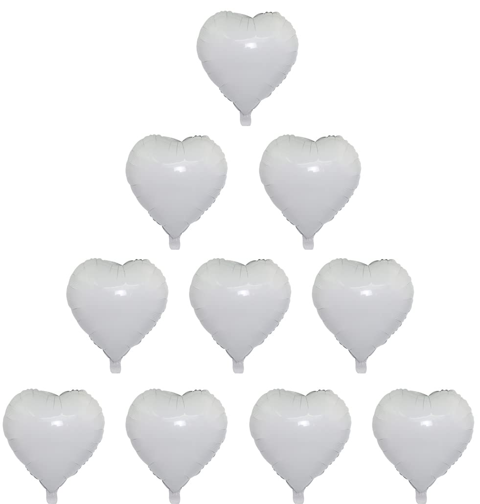 10Pcs Heart Shape Balloons in 18Inch, Decoration Supplies Foil Mylar Helium Balloons, Love Heart Balloons for Birthday Parties/Anniversary/Valentines Day, Reusable Heart Foil Balloons in White