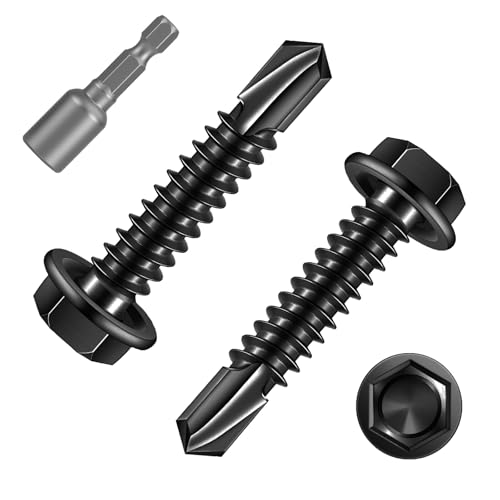 FandWay 100 Pcs Hex Head Self Drilling Screws for Metal,M4.2x19mm Self Tapping Sheet Metal Tek Screws,410 Stainless Steel Black Coating Hex Drive With 1 Bits for Steel/Wood/Plastic.