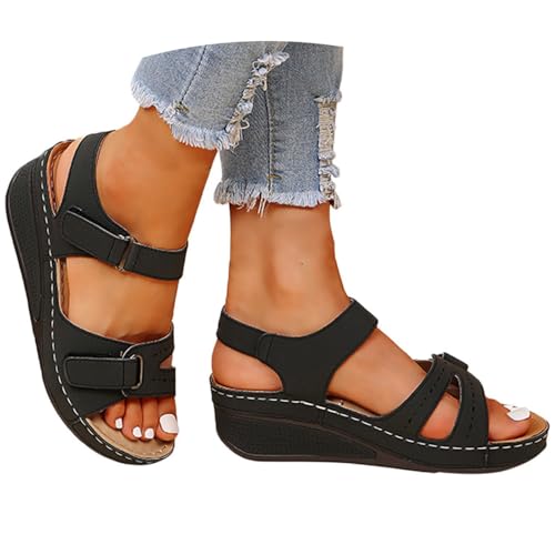Wide Fit Sandals For Women, Orthopedic Sandals for Women: Wide Fit Beach Sandal Washable Slingback Wedge Sandles with Arch Support Slide Platform Ladies Slip on Summer Shoes Walking Plus Size Black 6.