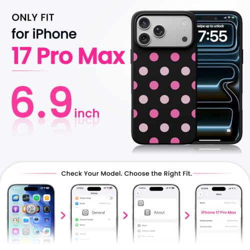 Image of ORNARTO Compatible with iPhone 17 Pro Max Case 6.9 inch, Slim Liquid Silicone 3 Layers Soft Gel Rubber Shockproof Protective Cover with Anti-Scratch Microfiber Lining-Black Pink Polka Dot