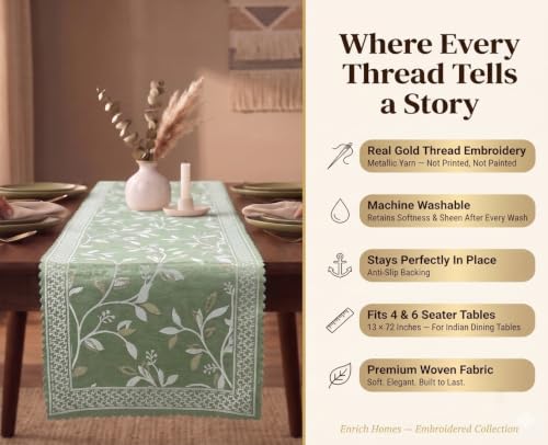Image of Premium Embroidered Dining Table Runner 6 Seater | Washable Heat Resistant Fabric | Cotton-Silk Blend | Fits 4 & 8 Seater Dining Table | Centre Table Decor | 13 x 72 Inch | Sage Green