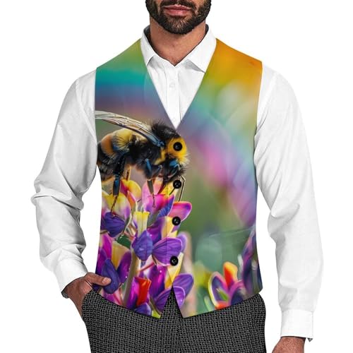 Bee Impressionism Rainbow Men's Suit Vests Business Formal Dress V-Neck Waistcoat Tops with 2 Pockets