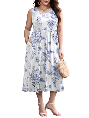 Image of LARACE Women's Plus Size Sleeveless Maxi Dress Casual Crew Neck Pleated Flowy Long Dresses with Pockets L-6XL