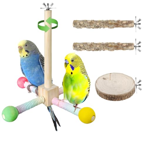 Bird Stand Perch Toy, Parrot 360° Interactive Rotating Toy, Wooden Bird Cage Accessories Exercise Wheel Parrot Toys, Suitable for Parakeets Cockatiels Lovebirds Conures Finches