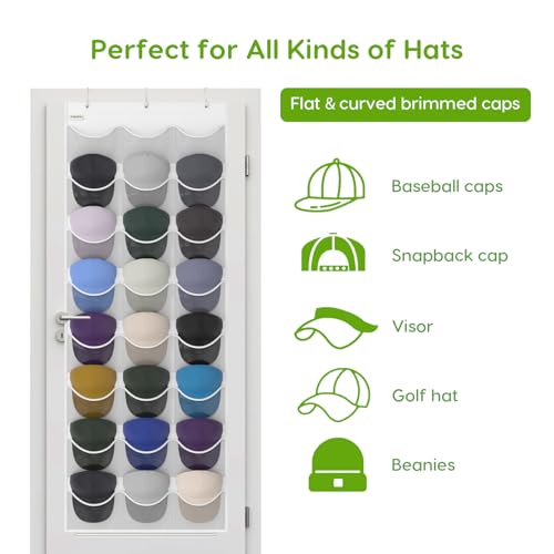 Unjumbly Baseball Hat Rack, 24 Pocket Over-The-Door Hat Organizer with Clear Deep Pockets to Display Baseball Caps Collection, Complete with 3 Over Door Hooks (White, 24 Pockets) by Unjumbly - Image 4