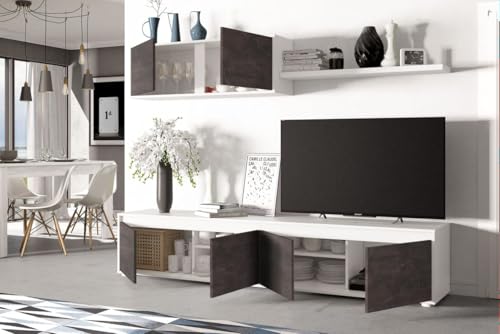 HABITMOBEL Mueble Salón Completo, Mueble de televisión con 4 Puertas y un módulo Superior de 2 Puertas y un Estante de Colgar.