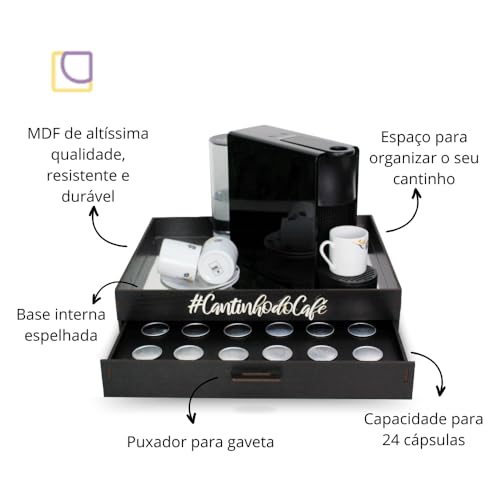 Bandeja Cantinho do Café Espelhada Decorativa com Gaveta Porta-Cápsulas Nespresso Organizador mdf Ap