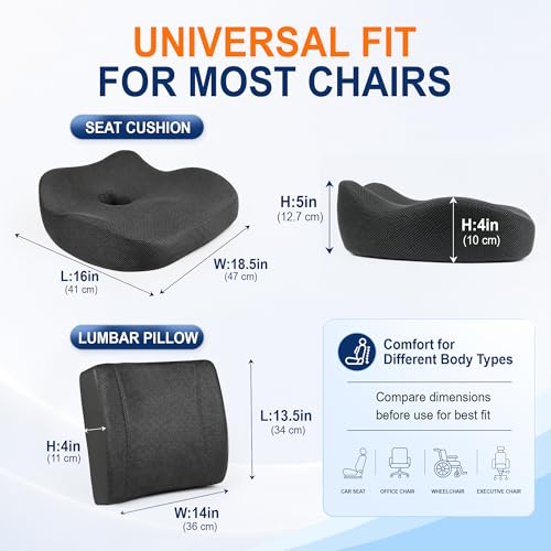 Image of Allaboutsla Seat Cushion & Lumbar Support Pillow Set: Ergonomic Memory Foam Seat Cushion and Back Support for Pain Relief, Butt Cushions and Lumbar Pillow for Car, Office Chair, Gaming - Black