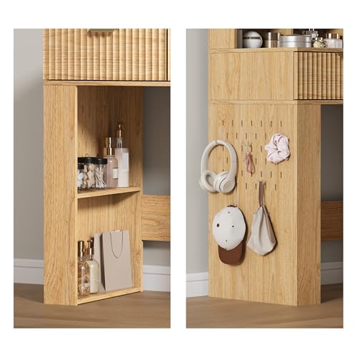 Image of Makeup Vanity Desk with Mirror and Lights, 57 inch Fluted Vanity Dresser Combo & Storage Shelves, Vanity Mirror with Mirror and Lights with 8 Drawers, 3 Color Modes, Dressing Table Set for Girls,Oak