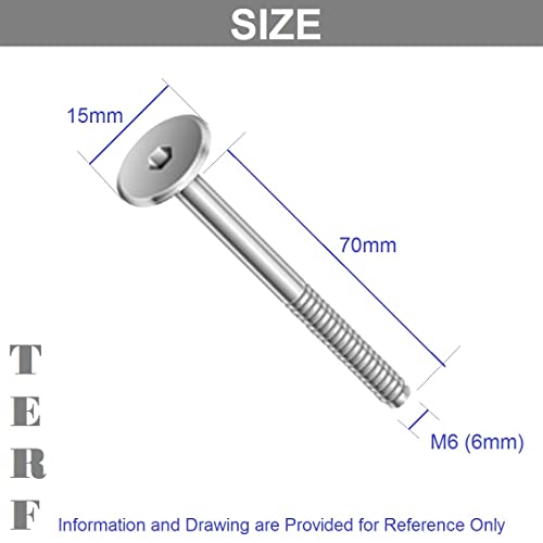 TERF® M6 X 70mm Joint Connector Bolts M6 (6mm) X 70mm Barrel Bolts Hex Allen Key Socket Flat Head Furniture Joint Connector Bolt - Image 3