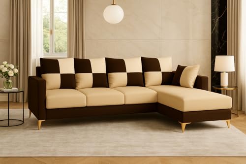Image of CASASTYLE Brogan 5 Seater Fabric RHS L Shape Sofa Set (Beige-Brown) in Premium Velvet Finish | Durable Comfort | Ideal for Living Room