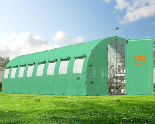 HOWE 26x10x7FT Heavy Duty Tunnel Greenhouse Kit with Watering System, Upgraded Swing Door Outdoors Greenhouse with Galvanized Steel Frame Film Clips & Ground Pegs, Green
