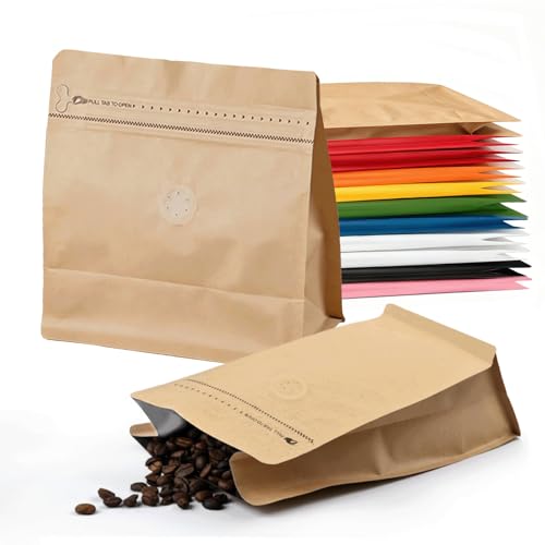 Roppolo 50 Pcs 4oz Kraft Paper Brown Sqaure Coffee Bean Bags, Easy Tear Open & Repeating Sealed Zipper, Heat-Seal Stand Up & Flat Bottom Coffee Bag, Capacity(4 oz, Brown, No-Valve)
