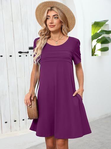 Image of Heymoments Women's Short Sleeve Crewneck Sundress Summer Casual A-Line Beach Dress with Pockets S-2XL