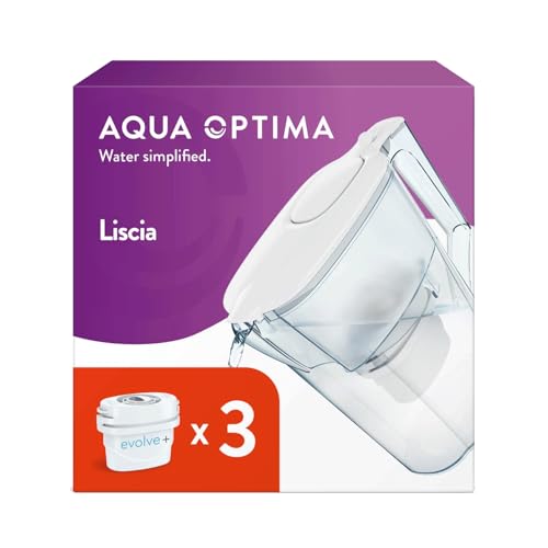Aqua Optima Liscia Water Filter Jug & 3 Evolve+ Filter Cartridges 2.5L White - Fridge & Dishwasher Friendly Easy Fill - Reduces Limescale Chlorine & Other Impurities - By LAICA (Packaging May Vary)