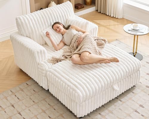 VanAcc 67 Inch Oversized Chaise Lounge, Faux Fur Comfy Sofa Chaise with Storage Ottoman & 2 Pillows, Lounge Sofa for Living Room, Study, or Apartment (Beige)