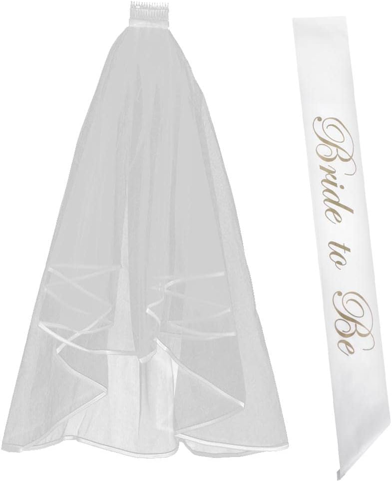 Meri Shopp 2 Layer Wedding Veil with Comb and Bride to be Satin Sash Party Decoration